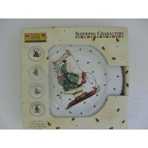 DEBBIE MUMM SLEDDING CHARACTERS Salad Dessert Plates winter Christmas SET OF 4